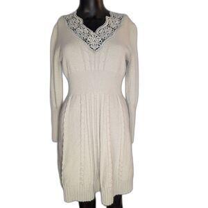 Sheilay Cream Knit Sweater Dress Lace Neckline Cable Knit Long Sleeve Women’s M